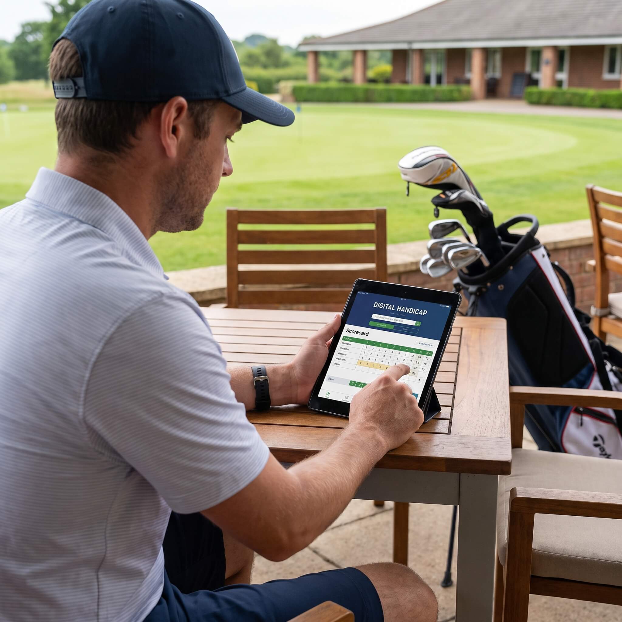 Golfer submitting scores on a tablet