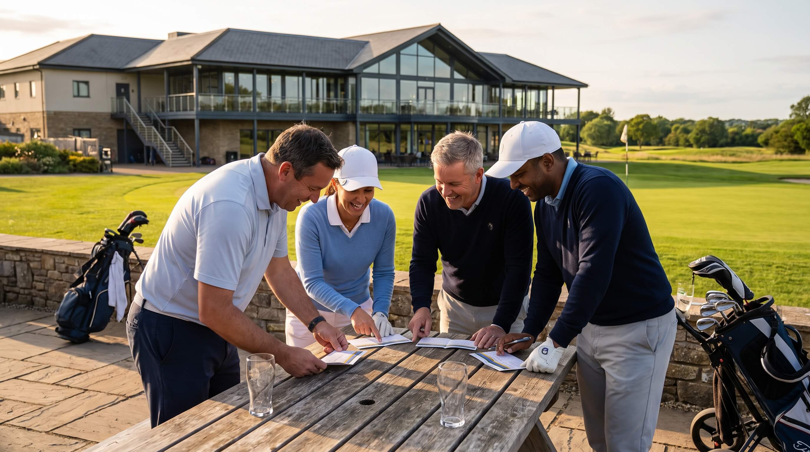 Golfers reviewing scorecards together beside a clubhouse